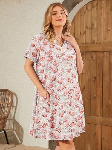 AusLook Plus Size Midi Dress for Women V Neck Short Sleeve Summer Casual Loose Fit Vacation 4X Sundress with Pockets - Thumbnail 3