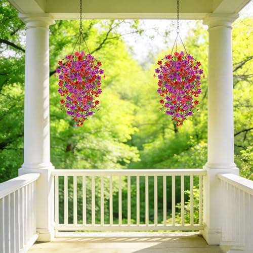UV Resistant Artificial Hanging Flowers Outdoor Decor - 2 Pack Fake Hanging Plants with Silk Daisies for Spring Summer, No Fade Faux Flowers for Planter, Front Door, Porch, Patio, Garden, Yard - Thumbnail 6