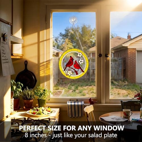 Cardinal Stained Glass Suncatcher for Window Hanging, Memorial Gift for Mom & Grandma, 8" Handcrafted Ripple Glass Red Cardinal, in Memory of Loved One, Mother's Day Keepsake - Thumbnail 3