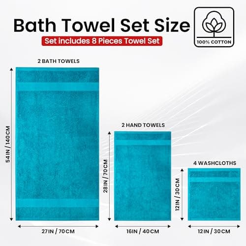Infinitee Xclusives Luxury 100% Cotton Towel Set – 8 Piece Bathroom Towel Set (2 Bath Towels, 2 Hand Towels, 4 Washcloths) – Soft & Absorbent Towels for Bathroom (Serene Teal) - Thumbnail 3