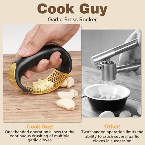 Cook Guy 304 Stainless Steel Garlic Press Rocker Set - Premium Garlic Mincer, Crusher, Peeler, and Scraper Tool for Effortless Mincing - Comfortable Grip Garlic Grinder (Gold) - Thumbnail 4