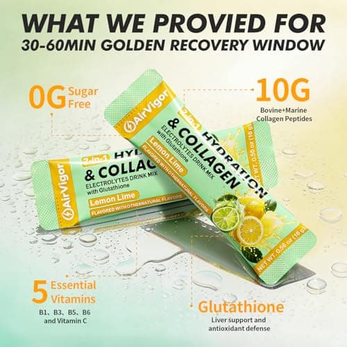 AirVigor Electrolyte Powder Packets, 10G Collagen Hydration Packets, Sugar Free Daily Electrolyte Hydration Recovery Drink Mix with 5 Vitamins & Glutathione, Joint Skin Muscle Support, Keto, Lemon - Thumbnail 4