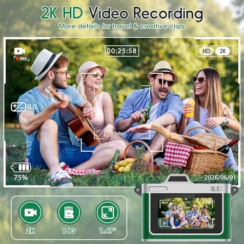 Dienspeak Pocket Mini Camera, Y2K Retro Keychain Digital Camera with Leather Body, Small Portable 2K HD Video Recorder with 16GB Card, Tiny Vintage Camcorder for Travel Vlogging Camera, Green - Thumbnail 3