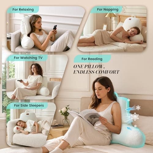 Amélie Home Premium Cooling Waffle Reading Pillow, Qmax>0.37 Ergonomic Backrest Support with Pocket & Handle, Breathable Lounging Pillow for Bed Sofa Floor Summer, 17 Inches, Ivory - Thumbnail 2