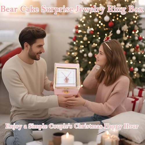 Weijimir Little Bear Cake Rotating Pink Ring Box for Proposal, Engagement Ring Box Wedding Day Birthday, Surprise Ring Bearer Proposal Box Necklace Bracelet Ring Rotating Jewelry Box for Women - Thumbnail 2