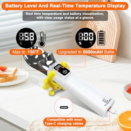 Electric Heated Ice Cream Scoop with ON/OFF and LED Display, 5000mAh Battery Rechargeable Heated Ice Cream Scoop Ideal for Scooping Hard Ice Cream and Frozen Desserts,Gift for Ice Cream Lovers (White) - Thumbnail 4