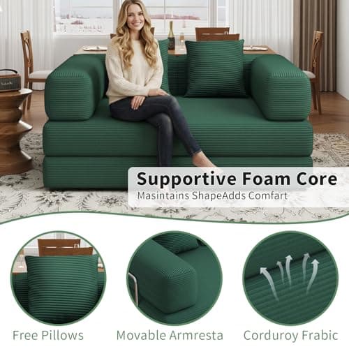 BSHOMGI Folding Sofa Bed Convertible Corduroy Couch Queen Size Floor Sleeper 4-in-1 DIY Combination Modular Lazy Sofas Fold Futon Lounge for Living Room (Green, 53.15" Double Sofa) - Thumbnail 4
