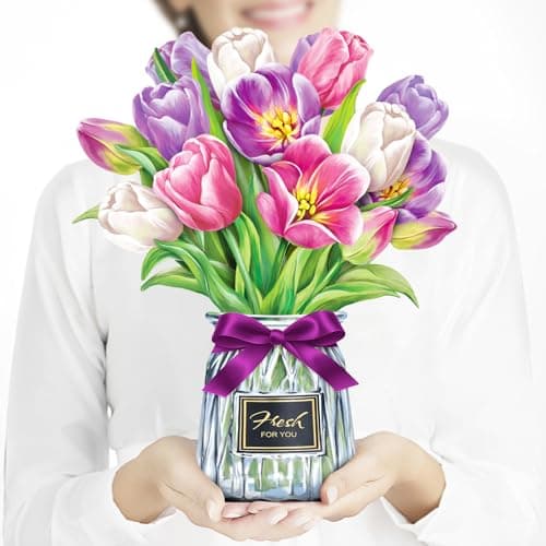 Airpark Pop Up Flower Card, 3D Paper Flowers Bouquet, Mother's Day, Birthday, Thinking of You, Thank You, Spring Greeting Cards with Note Card & Envelope, Tulip