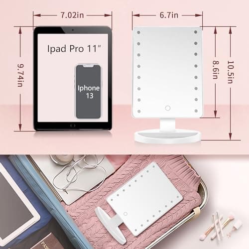 KOOKIN Lighted Vanity Makeup Mirror 16 Led Lights 180 Degree Rotation Lighted Makeup Mirror Touch Screen Adjusted Brightness Desk Mirrors USB Dual Supply Bathroom Light Up Makeup Mirrors (White) - Thumbnail 3