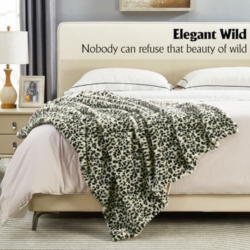 JONIYEAR Soft White Snow Leopard Faux Rabbit Fur Blanket Twin Size 60" x 70",Oversized Luxe Cozy Fluffy Cheetah Blankets for Sofa,Reversible Fuzzy Warm Animal Printed Blanket for Women Winter,Washable - Thumbnail 2