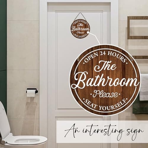 Funny Bathroom Signs Decor - Bathroom Open 24 Hours Please Seat Yourself Wall Decor - Rustic Round Wooden Door Sign For Farmhouse Home Decor Bath Room Accessories & Decorations - A03 - Thumbnail 5
