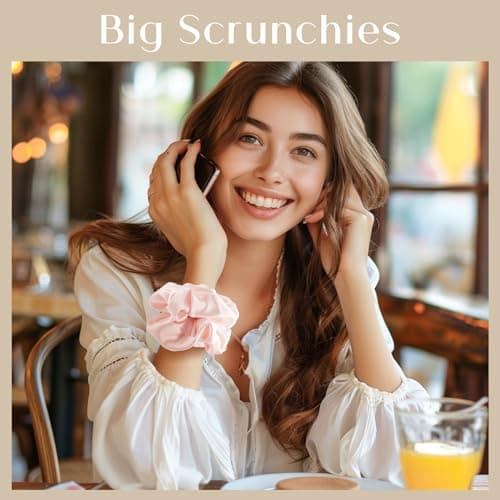 Lolalet Big Satin Scrunchies for Women, 5.9 Inch Large Oversized Scrunchie, Soft Jumbo/Giant Scrunchies Hair Ties for Thick & Curly Hair -4 Pack, Blue/Caramel/Pink/Champagne - Thumbnail 4