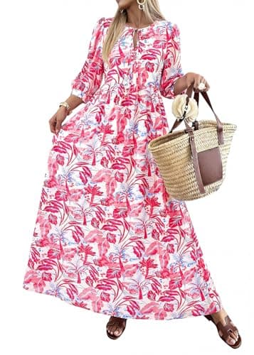 KIRUNDO Spring Dresses for Women 2026 Summer Wedding Guest Boho Floral 3/4 Sleeve Beach Vacation Cruise Flowy Maxi Dress(Red, Large) - Image 1