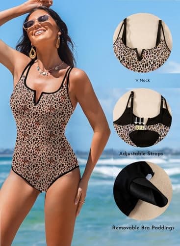 Aleumdr Women's Leopard Printed One Piece Swimsuit Tummy Control Retro Bathing Suit Padded Push Up High Cut Swimwear Black Leopard Medium - Thumbnail 5