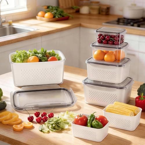 HOMETALL 5 Pack Fruit Storage Containers for Fridge, Plastic Fruit Containers for Fridge with Removable Colanders, Leakproof Fridge Organizers and Storage for Berry Vegetable Salad Lettuce Meat Food - Thumbnail 5