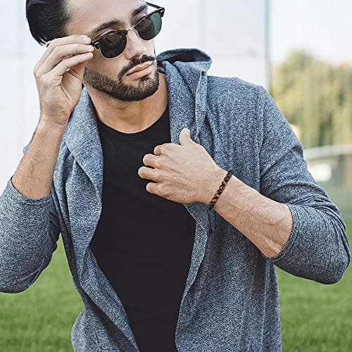 M MOOHAM Beaded Bracelets for Men - Gem Semi Precious Gemstone Round Bead Black Lava Rock Tiger Eye Adjustable Bracelet Men Gifts - Thumbnail 6