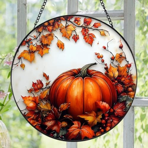 Zizzie Stained Glass Pumpkin Suncatcher - 7.9" Real Glass Fall Maple Leaves Window Hanging, Weatherproof Autumn Farmhouse Decor, Thanksgiving Harvest Gift for Women Mom - Thumbnail 2