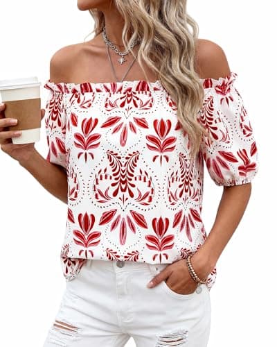 BTFBM Off The Shoulder Boho Tops for Women 2026 Summer Spring Short Sleeve Floral Loose Resort Beach Vacation Clothes(Floral White Red, XX-Large) - Thumbnail 3