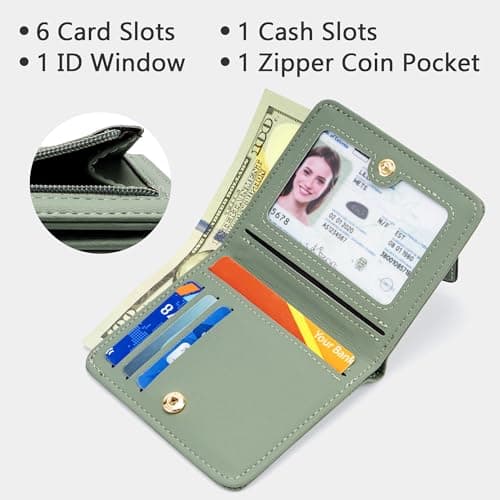 Gostwo Small Wallets Woman, Bifold Card Holder Rfid Wallet, Compact Luxury Genuine Leather Pocket Passport Wallet Ladies Girls Mini Purse Travel with ID Window, Access Green Blooming - Thumbnail 2