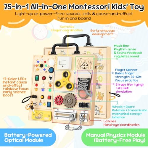 Wooden Busy Board with LED Light，Montessori Baby Learning Toys for Toddlers , Sensory Activity Board , Travel Educational Toy Boy & Girl Birthday Gift (Black Handle) - Thumbnail 4