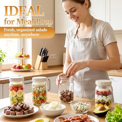 Xelyra Glass Salad Jar 4 Pack 32oz with Lids for Meal Prep, Salad Container for Lunch, Jars with Dressing Cup, Mason Container, Meal Prep Jars - Thumbnail 5
