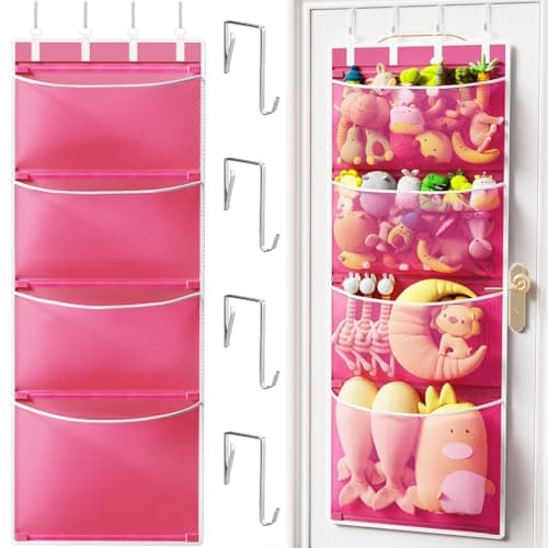 Criusia Over the Door Hanging Organizer, Extra-Large Door Storage Organizer with 4 Deep Mesh Pockets, Space-Saving Hanging Storage for Bedroom & Home Organization, Pink - Image 1