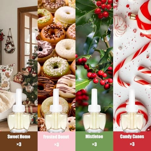 Plug-In Air Freshener Refills 12 Pack - Holiday Scents with Sweet Home, Frosted Donut, Mistletoe, Candy Canes - Wall Plug in Refills 7.92 Fl Oz - Compatible with Air Wick & Glade, Not for Glade Plus - Thumbnail 3