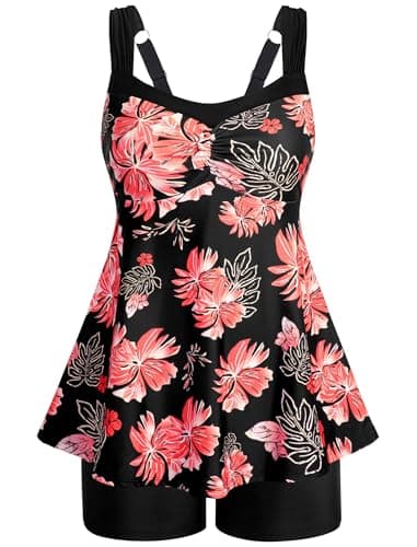 HUAKARY Tankini Swimsuits for Women Plus Size Tummy Control Tankini Swimsuits Athletic Two Piece Bathing Suits with Shorts 22W Black Pink Floral - Image 1