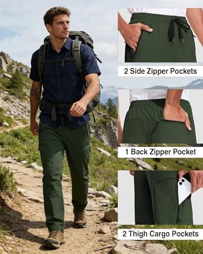 Mens Cargo Hiking Pants 5 Pockets Waterproof Lightweight Quick Dry Work Tactical Pants UPF 50+ Elastic Waist Drawstring Athletic Fishing Outdoor Travel Army Green M - Thumbnail 5
