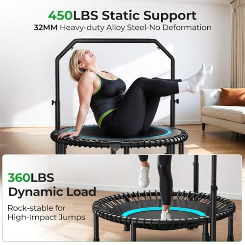 BCAN BT2 450/550LBS Mini Rebounder Trampoline for Adults with Bar, Fitness Trampoline with Bungees, Adjustable Handle, Stable & Quiet, Indoor Outdoor, Whole-Body Workout & Relaxation at Home-40IN-BLU - Thumbnail 4