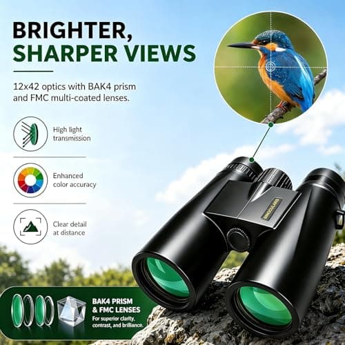 Asacam 12x42 Binoculars for Adults, High Powered Binoculars with Large Eyepiece, Lightweight HD BAK4 Prism for Bird Watching, Travel, Hunting, Camping, Sports - Thumbnail 3