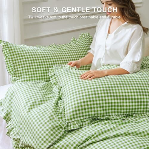 Yuncojin Ruffle Gingham Duvet Cover King Size Green/White,100% Cotton,Shabby Chic Checkered Plaid Comforter Cover Set,3-Piece Vintage Bedding,104"×90" - Thumbnail 4