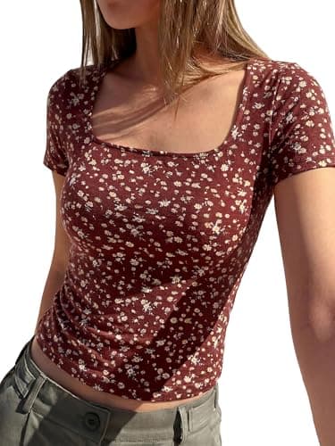 BTFBM Floral Square Neck Tops for Women 2026 Trendy Summer Outfits Short Sleeve Shirts Boho Top Beach Vacation Clothes(Brown Beige Flower, Small) - Image 1