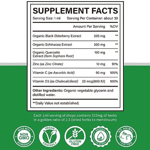 Zinc Quercetin Vitamin C D3 Liquid Immune Support with Organic Echinacea Elderberry, Immune Defense Drops Supplement for Adults- Vegan, Non-GMO, Gluten Free - 1 Fl Oz - Thumbnail 2