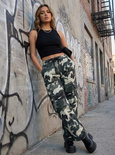 Men's Camo Drawstring Waist Cargo Pants Camouflage Cargo Work Pants - Thumbnail 3