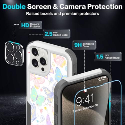 LOQUPE [5 in 1 for iPhone 15 Pro Max Case,with 2 Pack Screen Protector + 2 Pack Camera Lens Protector,Heavy-Duty Tough Rugged Lightweight Slim Shockproof Protective Case for Women,Colorful Butterfly - Thumbnail 4