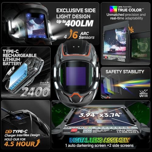 ANDELI Welding Helmet with 4 LED Light, 180° Panoramic 6 Arc Sensor True Color Auto Darkening Welding Hood with Internal Display, 2400mAh Rechargeable Battery for TIG/MIG/Cut/Grind Moner LED PRO - Thumbnail 2