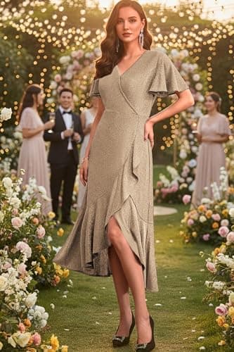 Autumn Flowerwall Women Wedding Guest Dress Sparkle Cocktail Gown Champagne Medium Lustrous Knit V Neck Flutter Sleeve A-Line Semi Formal Dresses for Women Anniversary Dinner Outfit - Thumbnail 4