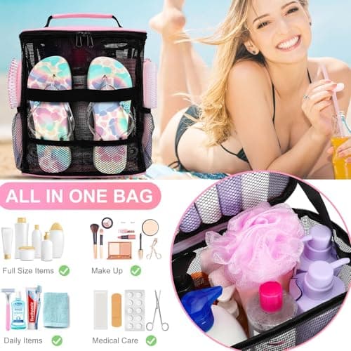 NOBLIGOAL Large Mesh Shower Caddy, Portable Hanging Travel Toiletry Bag - Thumbnail 2