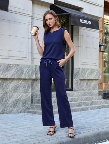 difficort 2 Piece Lounge Set Women CrewNeck Casual Sleeveless Tops Straight Leg Pants Matching Outfits,Navy,Large - Thumbnail 2