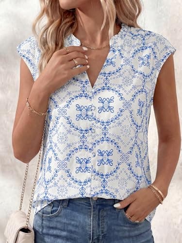BTFBM Boho Tops for Women Summer Outfits Eyelet Embroidered Sleeveless Button Down Shirts Beach Vacation Clothes 2026(White Blue Flower, Large) - Thumbnail 6