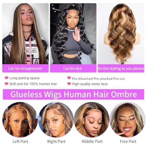 Yeuoin #4/27 Ombre Highlight Lace Front Wigs Human Hair Pre Cut 5X5 Glueless Honey Blonde Body Wave Wigs for Women Pre Plucked with Baby Hair Lace Closure wig 200% Density(36inch) - Thumbnail 4