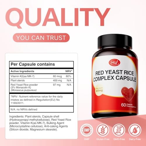 HUJ Red Yeast Rice Complex Capsule - Contains Red Yeast Rice Powder, Plant Sterols & Vitamin K2 - Maintain Healthy Cholesterol Levels and Supports Cardiovascular Health - 60 Capsules - Thumbnail 6
