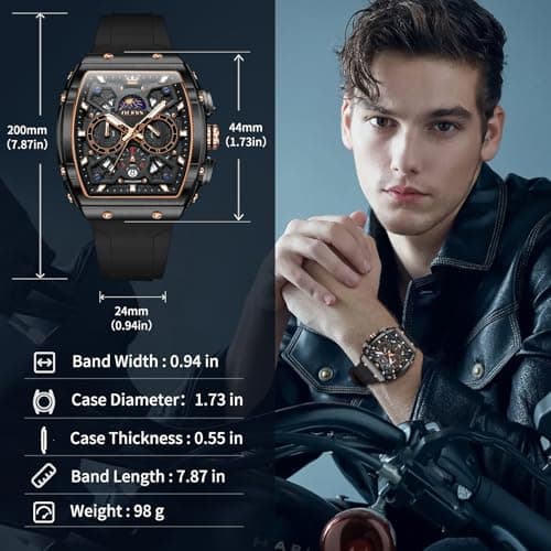 OLEVS Watch for Men Black Silicone Strap 3ATM Waterproof Classic Men Wrist Watch Analog Quartz Casual Multifunctional Moon Phase Square Men Watch Reloj para Hombre Perfect for Social Events - Thumbnail 3