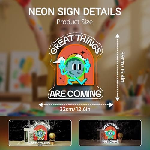 Earth Neon Sign Positive Neon Signs for Wall Decor Great Things Are Coming Led Lights Colorful Light Up for School Classroom Teen Room Dorm Bedroom Shop Office Decoration Kids Gifts - Thumbnail 2