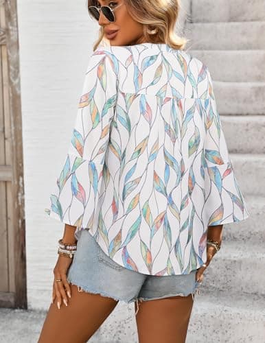 LOOKBOHO Womens Tops 3/4 Sleeve Dressy Casual Peplum Leaf Print Boho Blouses Ruffle Sleeve Button V-Neck Shirts White&Green S - Thumbnail 3
