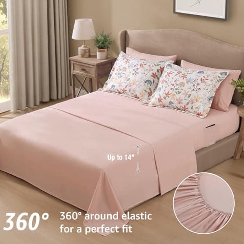 CASAAGUSTO King Comforter Set, 7 Pieces Bed in a Bag King Clay Pink Floral Comforter Set with Flowers Leaves Pattern, Soft Seersucker Design All Season King Size Bedding Set - Thumbnail 5