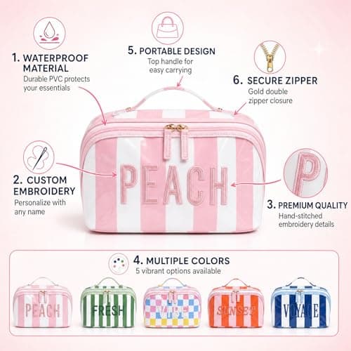 KEQHAULI Personalized Embroidered Makeup Bag, Waterproof Travel Toiletry Bag with Large Capacity, Portable Cosmetic Storage Pouch for Women, Custom Name Wedding Bridesmaid Gift - Thumbnail 3
