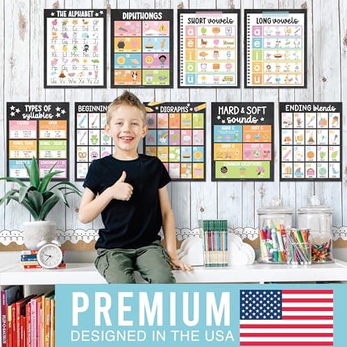 Hadley Designs Phonics Posters For Classroom -9 Sound Wall Classroom Phonics For Kindergarten & Elementary, Syllable Types, Long and Short Vowel Sounds, Digraphs & Blends,Chalkboard Bulletin Board Set - Thumbnail 2