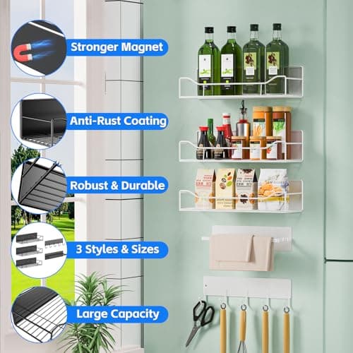 FancyMule Magnetic Spice Rack for Refrigerator, 5 Pack Magnetic Fridge Organizer Shelves, Strong Magnetic Hold, No Drilling, Space Saving Storage Rack for Kitchen & Washing Machine Organizer (White) - Thumbnail 6